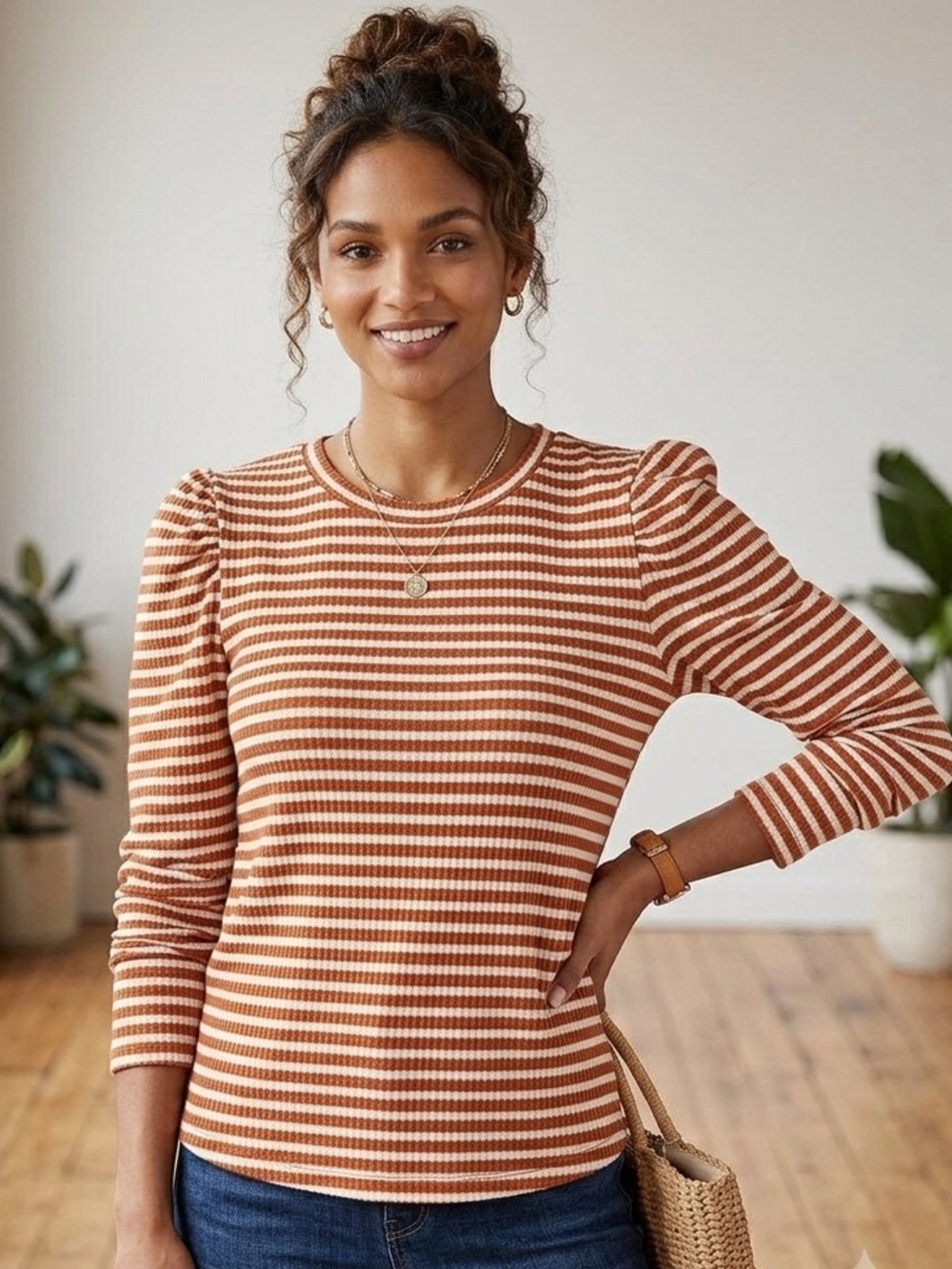croft & barrow Peach and White Striped Long-Sleeve Tee Perite Large